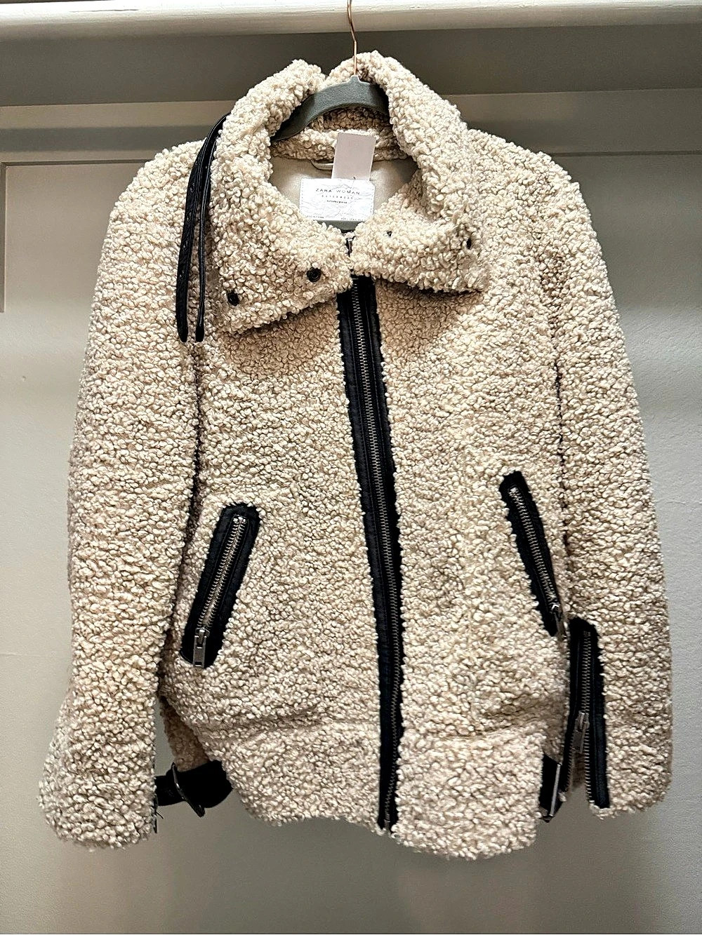 Zara Woman Faux Shearling Moto Jacket Cream